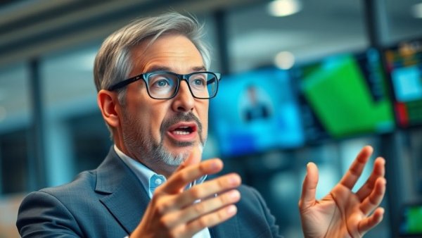 Business executive speaking animatedly during an interview with colorful background.