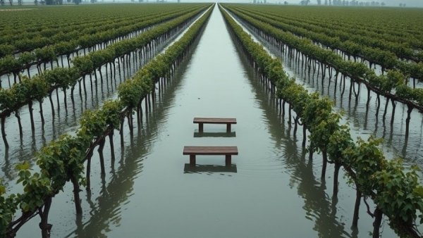 High impact rainfall: B.C. vineyard flooding scene with submerged vines.