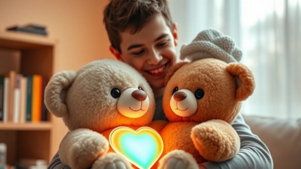 Young boy with AI toy bear and adult, glowing technology, cozy room.