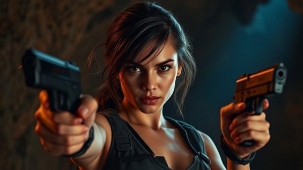 Confident adventurer holding pistols in a cinematic shot.