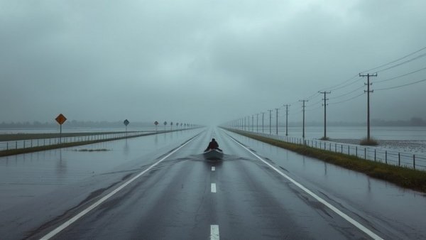 Flooded highway with small boat during heavy rainfall in B.C.