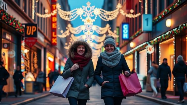 Holiday shoppers with bags amid festive lights, resilient holiday spending habits.