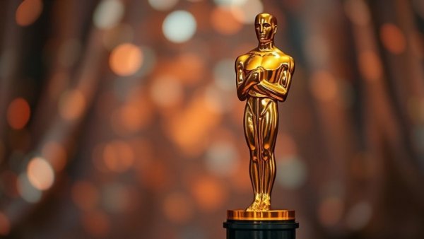 Golden Oscar statue reflecting light, Oscars streaming on YouTube 2029.