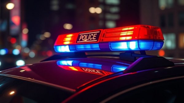 Flashing police lights on patrol car at night for Kelowna high-risk missing child.