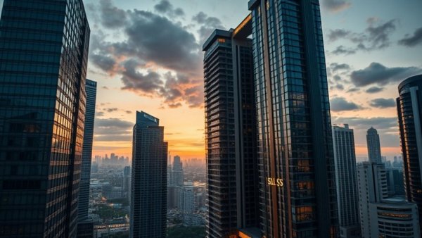 SLS Residences Bangkok skyline at dusk with modern skyscrapers.