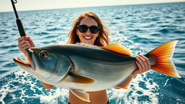 Joyful woman fishing on the ocean, celebrating catch.