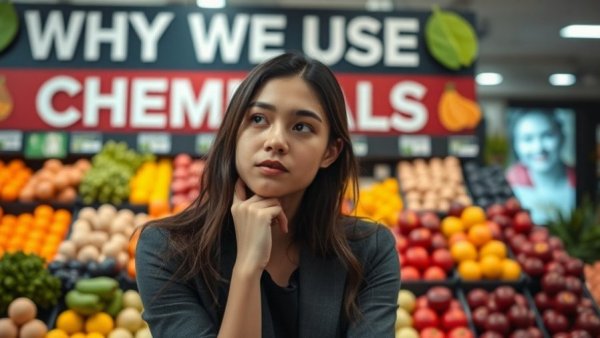 Thoughtful woman in a grocery with 'WHY WE USE CHEMICALS'.