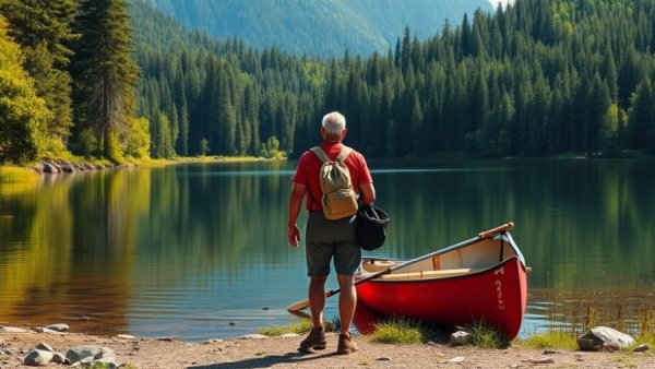 Lakeside canoeing scene in Canada, man with canoe by forest.
