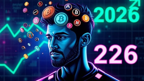 Crypto symbols over a man's head, 2026 forecast theme.