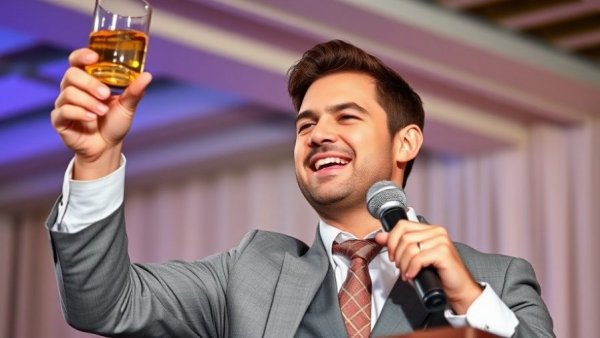 Confident man with mic raising a glass at an event, reflecting ambition.