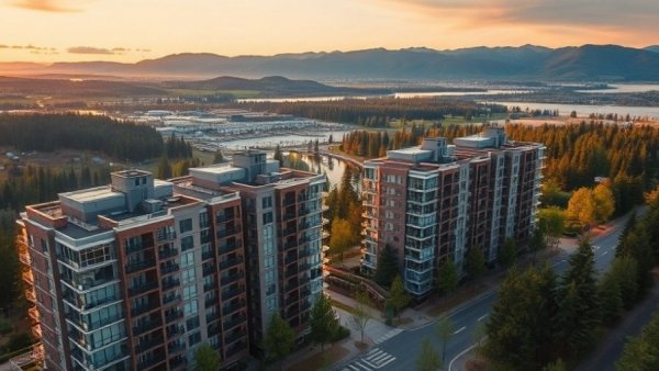 Kelowna rental market glut: aerial view of modern apartments.