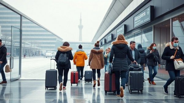 Busiest travel days at Kelowna Airport with travelers in snow.