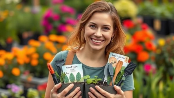 Gardener with seed starting essentials in a garden setting.