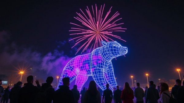 Valley First New York New Years celebration with fireworks and sculpture.