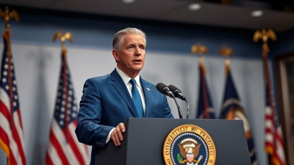 Pentagon AI Arsenal Grok: Man in suit at podium with flags.