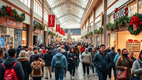 Bustling holiday shoppers at outlet mall, showcasing 2025 trends.