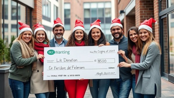 100 Women Who Care Kelowna donations group with check outside.