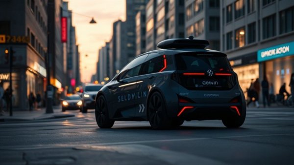 Waymo self-driving car on a San Francisco street during twilight.