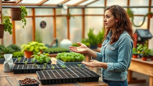 Woman explaining seed starting do's and don'ts in a greenhouse.