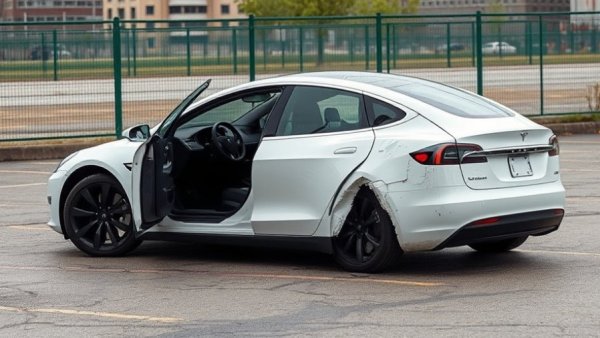 Damaged Tesla door in parking lot highlighting safety concerns.