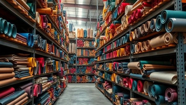 Impact of tariffs on leather prices shown with colorful leather rolls in warehouse.