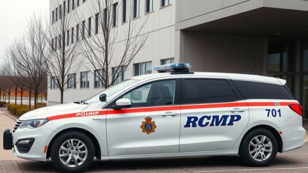 RCMP vehicle related to intimate partner violence investigation in B.C., parked outside a building.