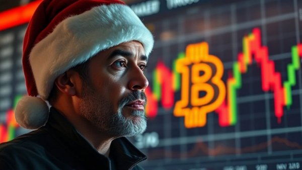Handling a bored market concept with man in Santa hat, Bitcoin graph.