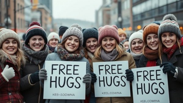 Boxing Day Free Hugs event in Kelowna with a cheerful group.