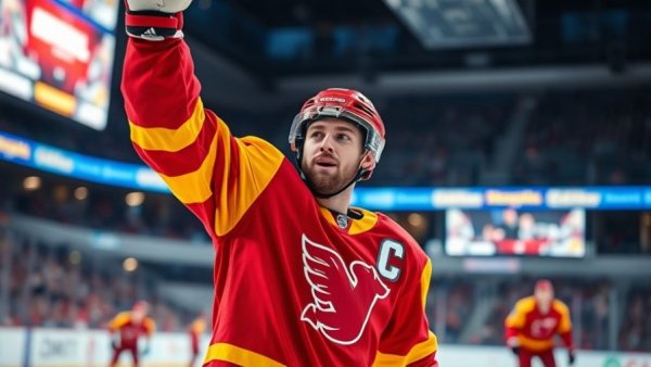 Calgary Flames player celebrates during home game