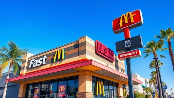 Fast-food restaurant with modern design and palm trees, showcasing value meals 2026.