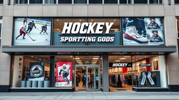 Hockey gear store exterior with sports branding and ads