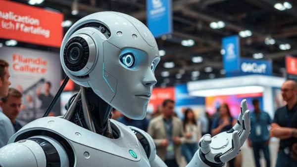 Humanoid robot at tech expo interacting, showcasing advancements in AI governance.