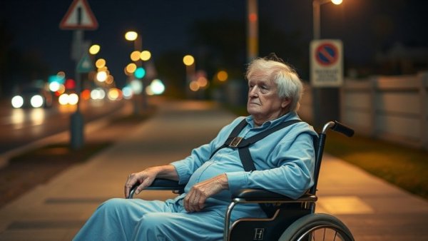 Elderly patient transported in wheelchair at night in Surrey.