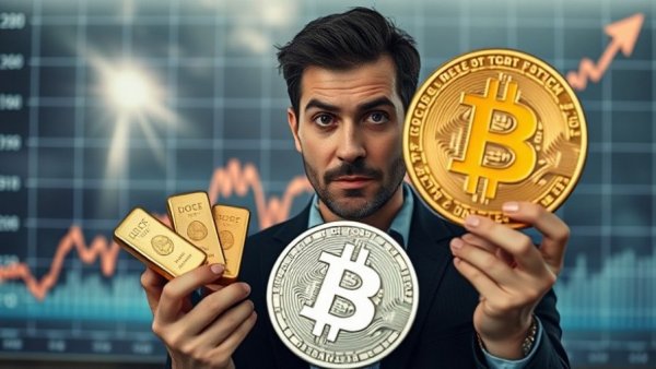 Intriguing scene with man and Bitcoin Gold Signal, financial chart backdrop.