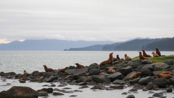 Seals on rocky coast in B.C. under overcast sky, highlighting wilderness.
