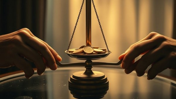 Hands weighing gold coins on balance scale, trade smuggling