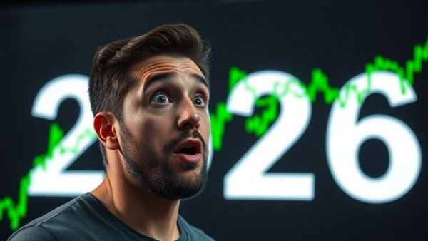 Surprised man looking at crypto graph with '2026' in background.