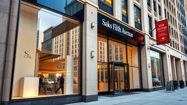 Saks Fifth Avenue storefront in urban setting, reflecting cityscape.