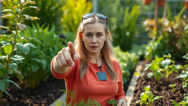 Concerned gardener dismissing misleading gardening trend, vibrant garden setting.