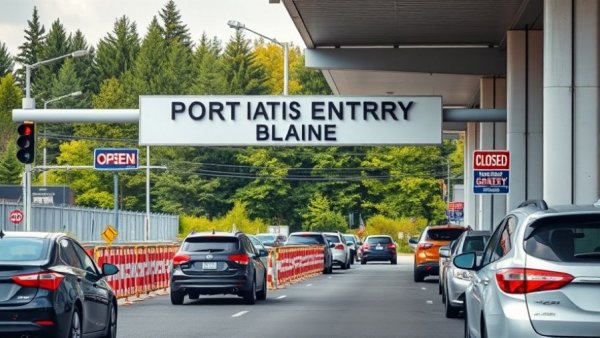 U.S. border crossing at Blaine with open lanes.