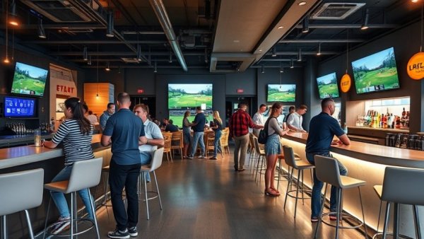 People in a virtual golf lounge bar setting, Kelowna.