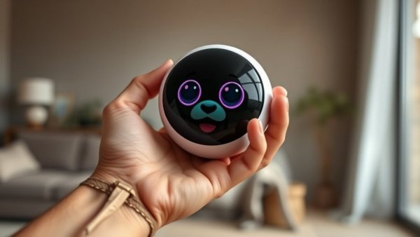 AI-powered virtual pet with digital face held in hand.