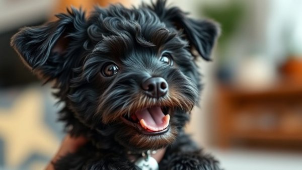 Small black dog with dog license held gently indoors, promoting early dog licence renewal Central Okanagan.