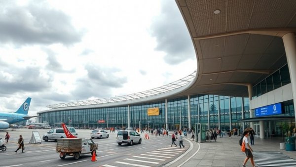 Modern Kelowna International Airport Expansion with vehicles and people in front.
