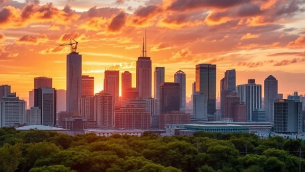 City skyline at sunset showcasing commercial real estate and vibrant sky.