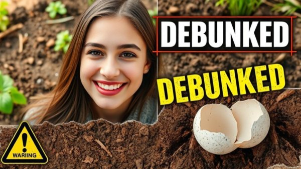 Viral gardening hacks debunked with eggshells and bold text.