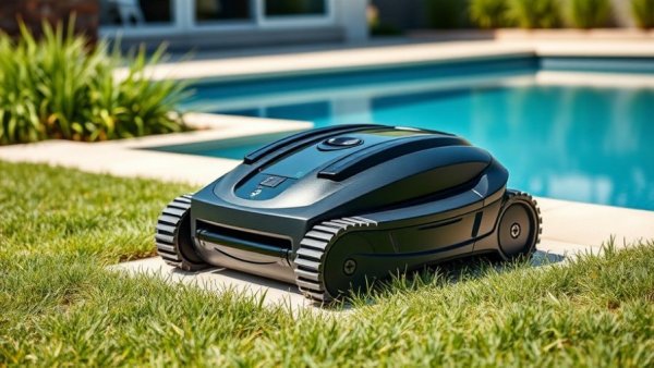 Sleek Beatbot Smart Pool Cleaner on modern patio with green grass.