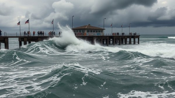 Rough waves hit a graffiti-covered pier as people brace for impact; heavy rain and snow forecast B.C. north coast.