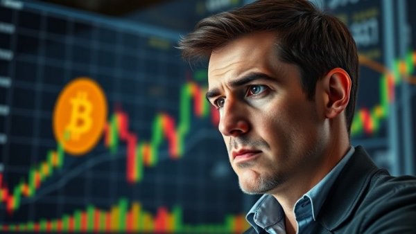 Bitcoin price drop analysis by a concerned man with financial graph.