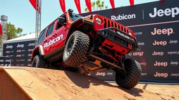 Red Jeep Rubicon ascending a ramp at event, Stellantis ends PHEV production.